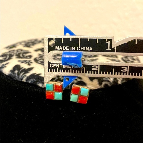 Silver Southwest Style Square 4 Stone Earrings. Turquoise - Picture 2 of 5
